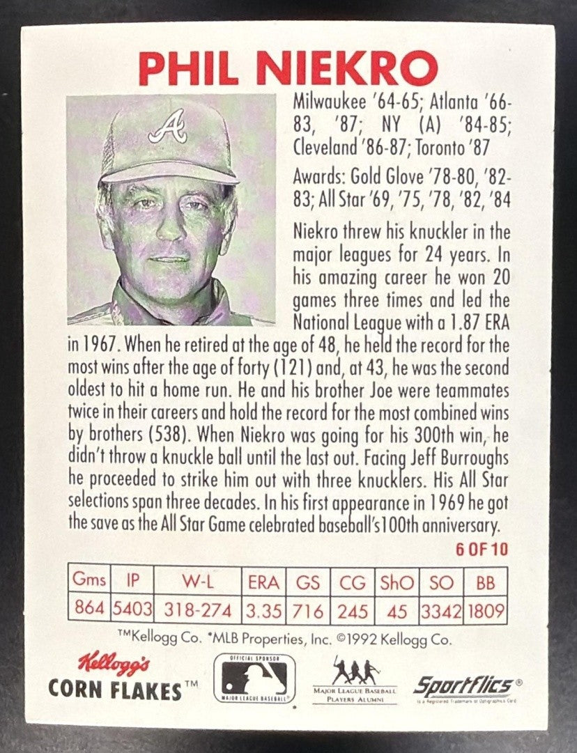 PHIL NIEKRO 1992 SPORTFLICS KELLOGG'S CORN FLAKES ALL STARS #6 - BRAVES