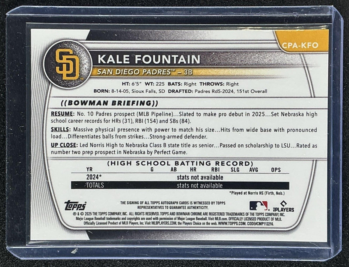 KALE FOUNTAIN 2025 BOWMAN CHROME #CPA-KFO AUTO 1ST PROSPECT PADRES