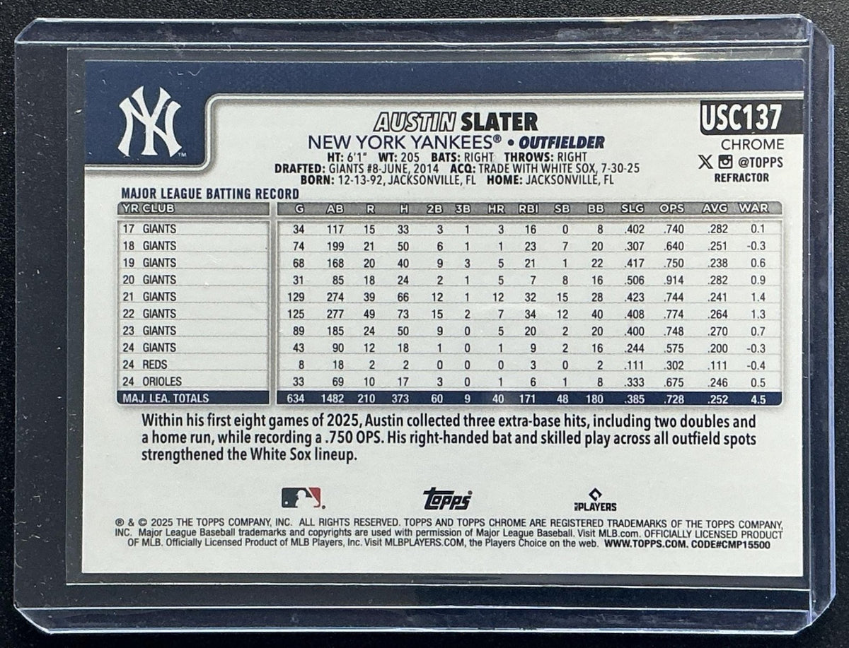 AUSTIN SLATER 2025 TOPPS CHROME UPDATE #USC137 REFRACTOR YANKEES