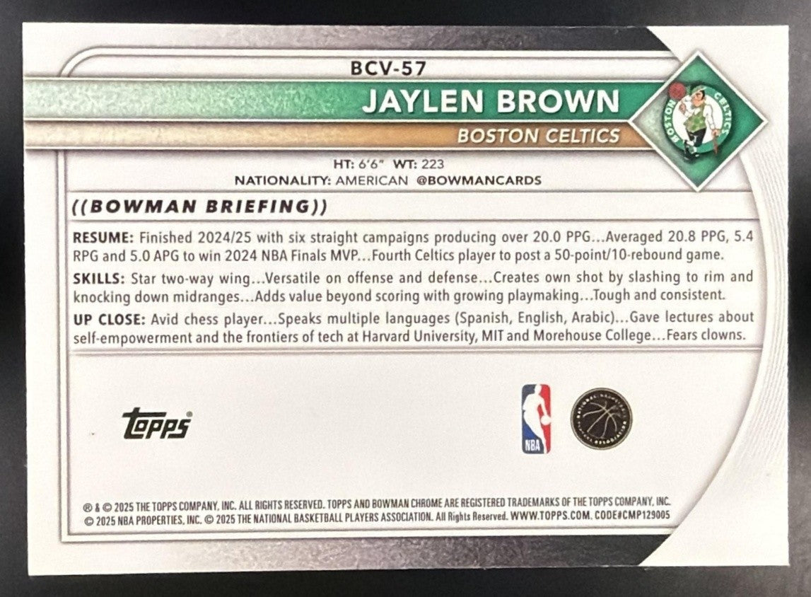 JAYLEN BROWN 2025-26 BOWMAN #BCV-57 CHROME REPTILIAN REFRACTOR CELTICS