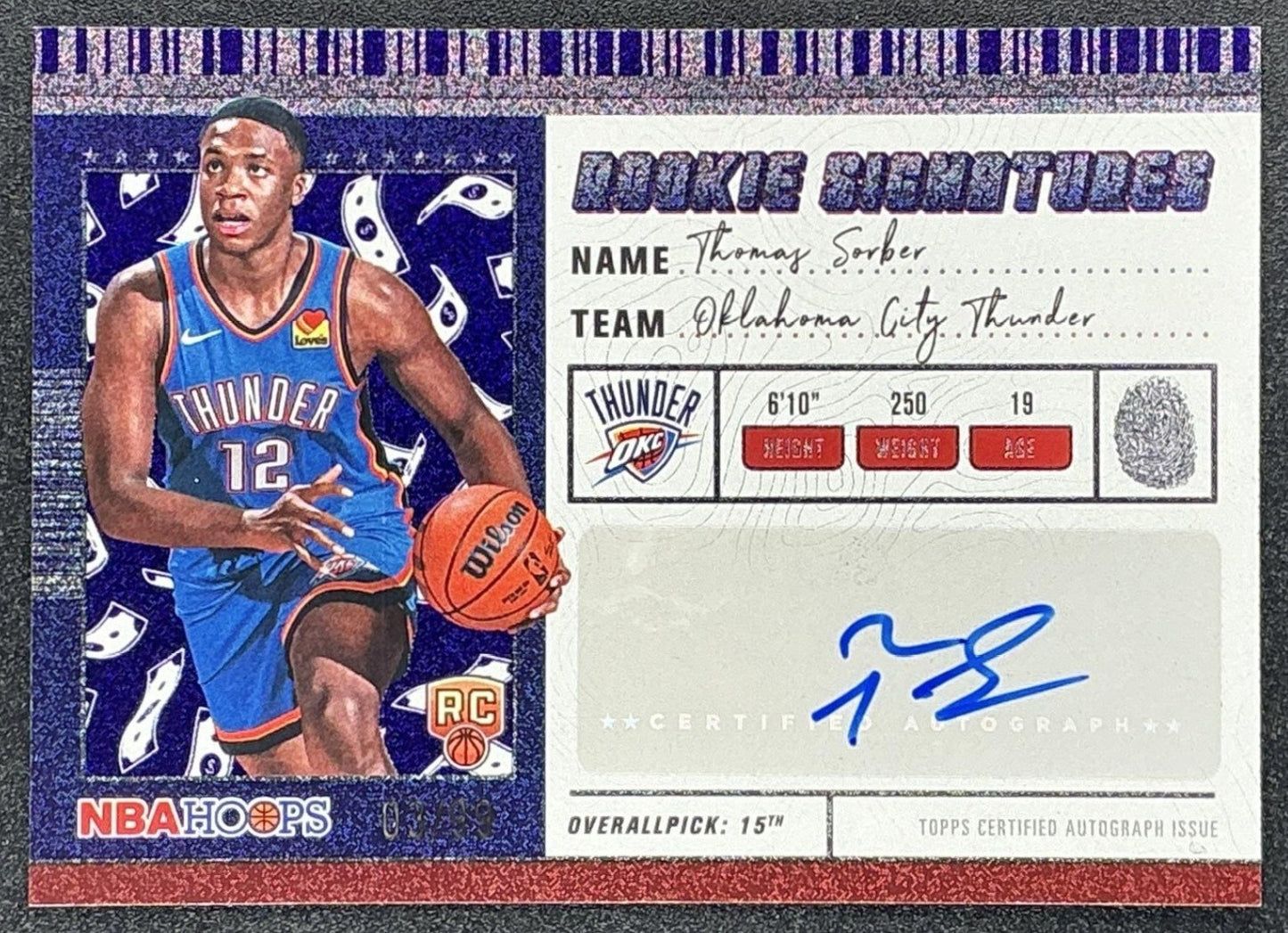 2025 Topps Hoops Thomas Sorber Rookie Signatures Pixel Burst Purple /99 RC Auto