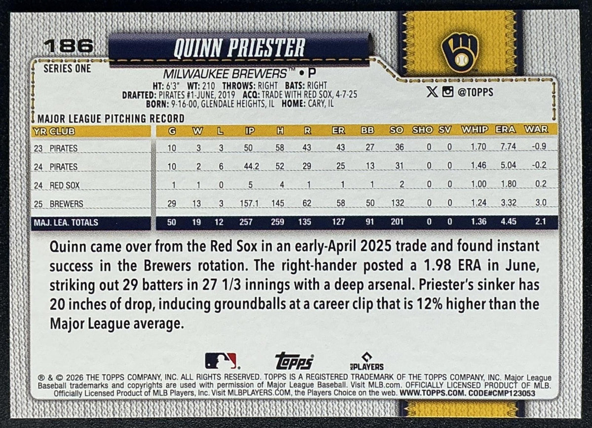 QUINN PRIESTER 2026 TOPPS SERIES 1 #186 SANDGLITTER BREWERS