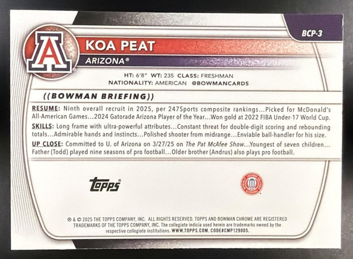 KOA PEAT 2025-26 BOWMAN #BCP-3 CHROME REPTILIAN REFRACTOR 1ST PROSPECT WILDCATS