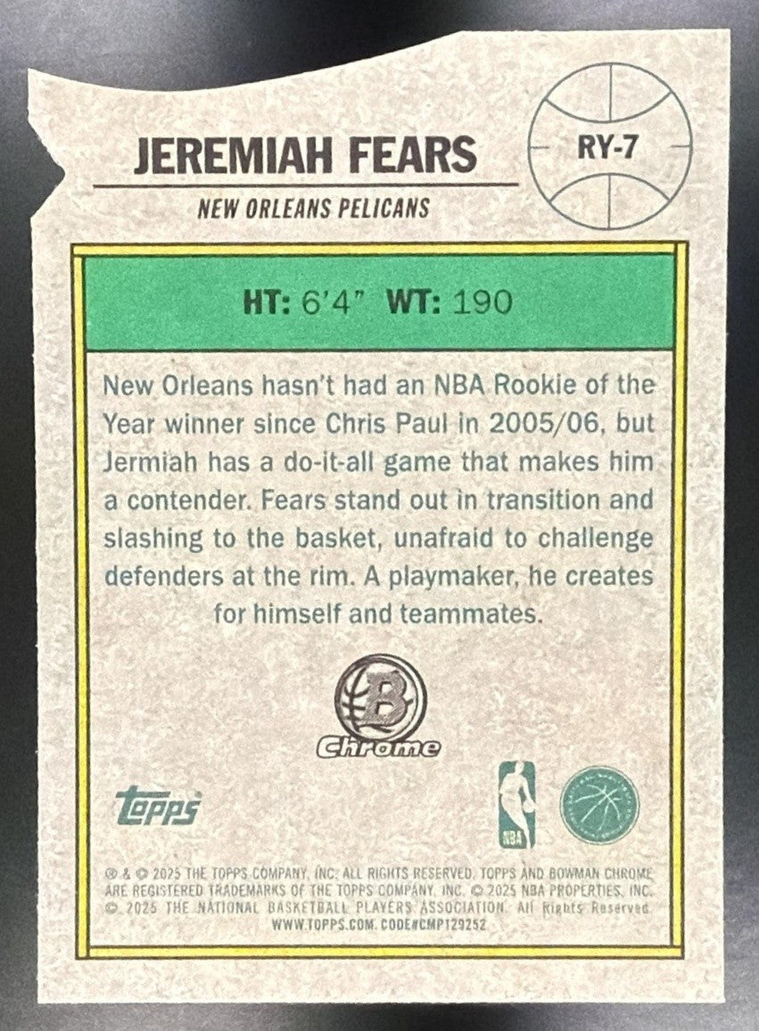 JEREMIAH FEARS 2025-26 BOWMAN #RY-7 ROY FAVORITES CHROME RC PELICANS