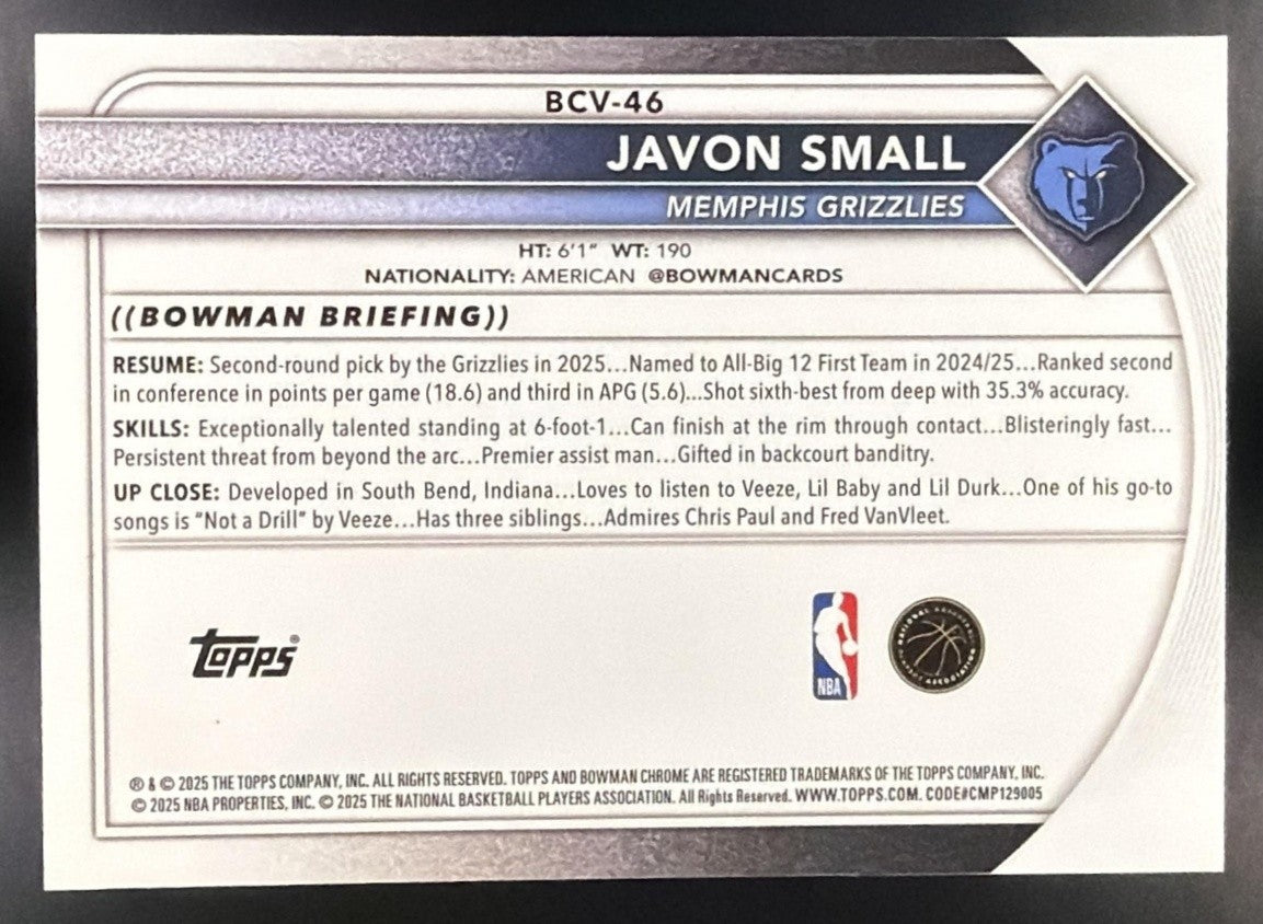 JAVON SMALL 2025-26 BOWMAN #BCV-46 CHROME REPTILIAN REFRACTOR RC GRIZZLIES