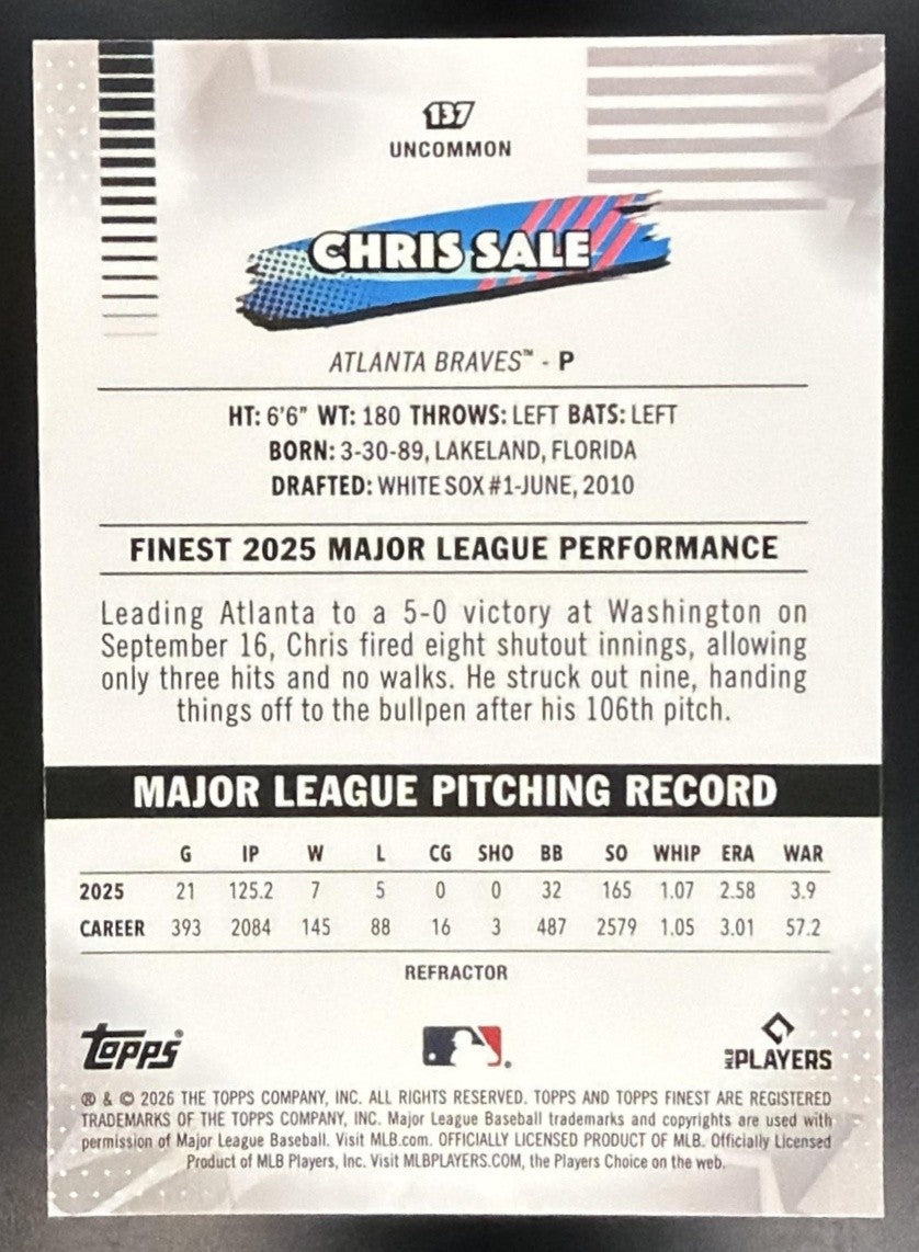 CHRIS SALE 2026 TOPPS FINEST #137 UNCOMMON REFRACTOR BRAVES