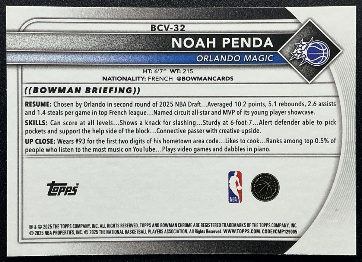 NOAH PENDA 2025-26 BOWMAN #BCV-32 CHROME MOJO REFRACTOR RC MAGIC