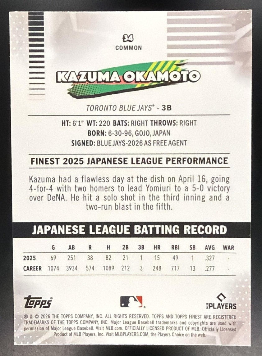 KAZUMA OKAMOTO 2026 TOPPS FINEST #34 RC BLUE JAYS