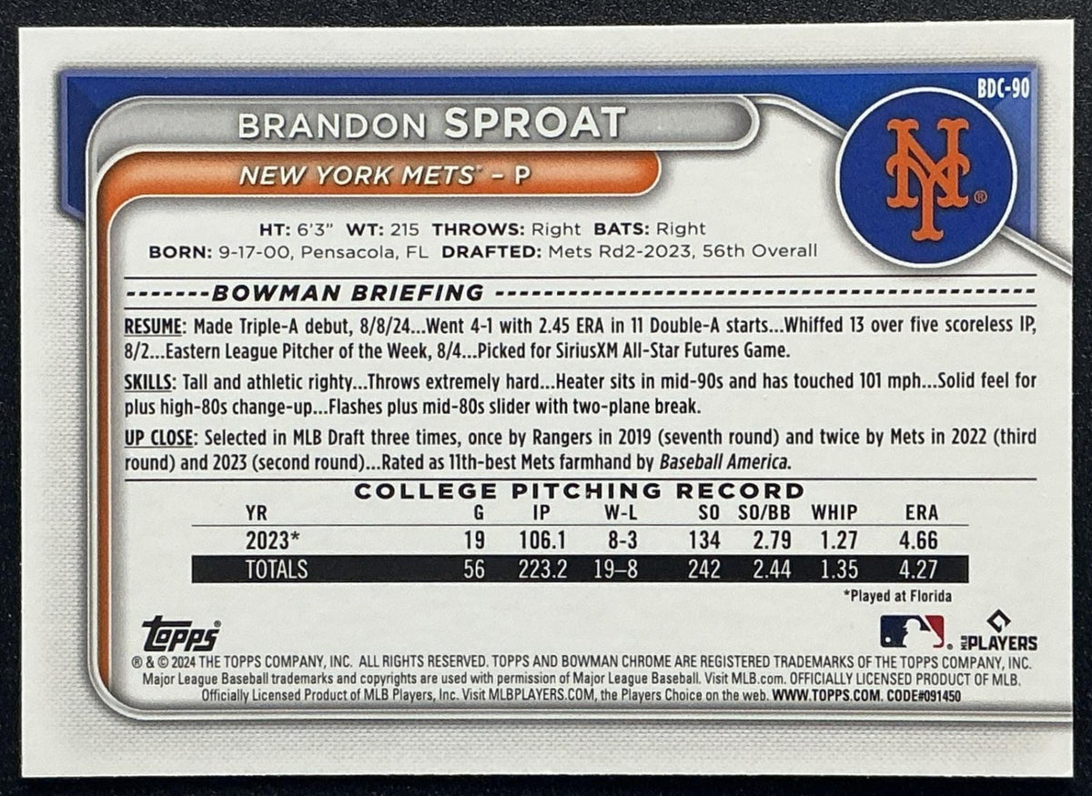 2024 Bowman Draft Brandon Sproat #BDC-90 Chrome Steel Metal Refractor /100