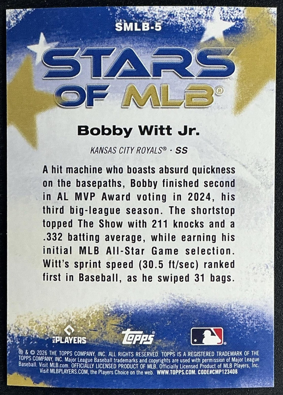BOBBY WITT JR. 2026 TOPPS SERIES 1 #SMLB-5 STARS OF MLB ROYALS
