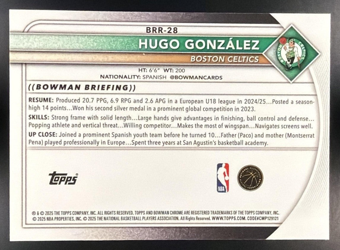 HUGO GONZA?LEZ 2025-26 BOWMAN #BRR-28 CHROME RED ROOKIE VARIATION SP CELTICS