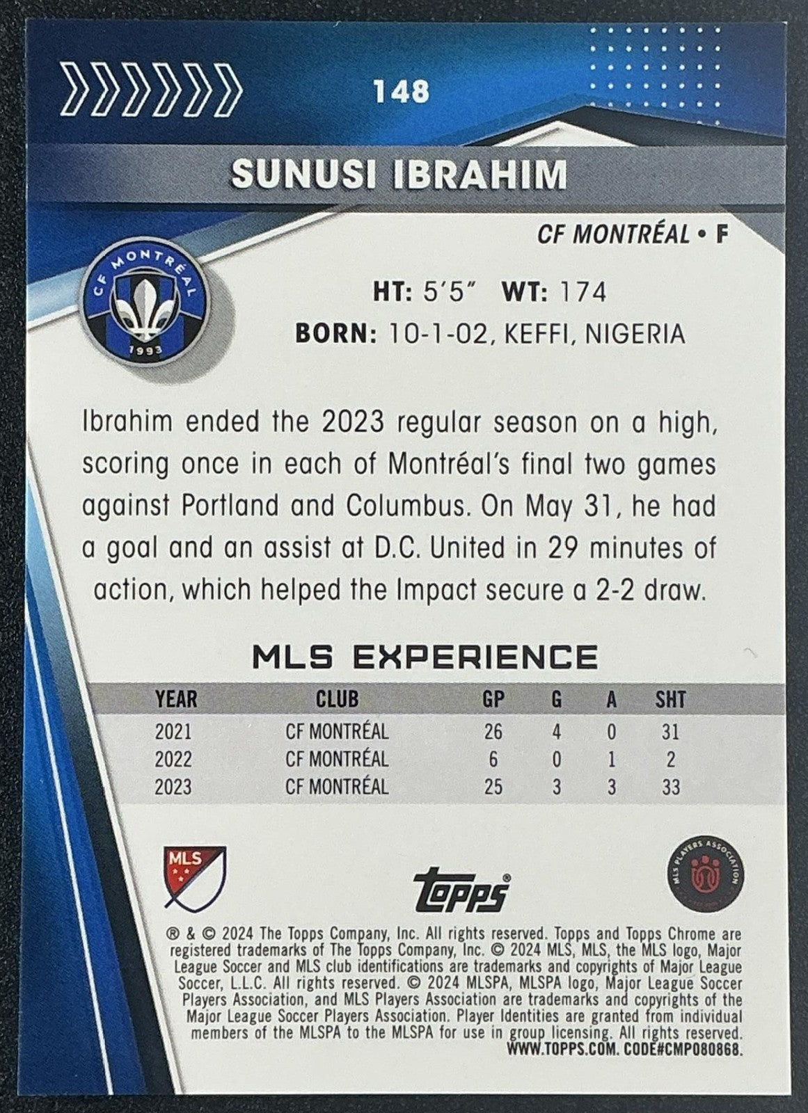 2024 Topps Chrome MLS Sunusi Ibrahim #148 Rose Gold Refractor /250 RC