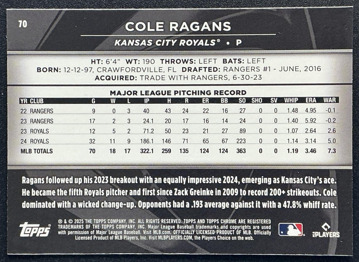 COLE RAGANS 2025 TOPPS CHROME BLACK #70 ROYALS