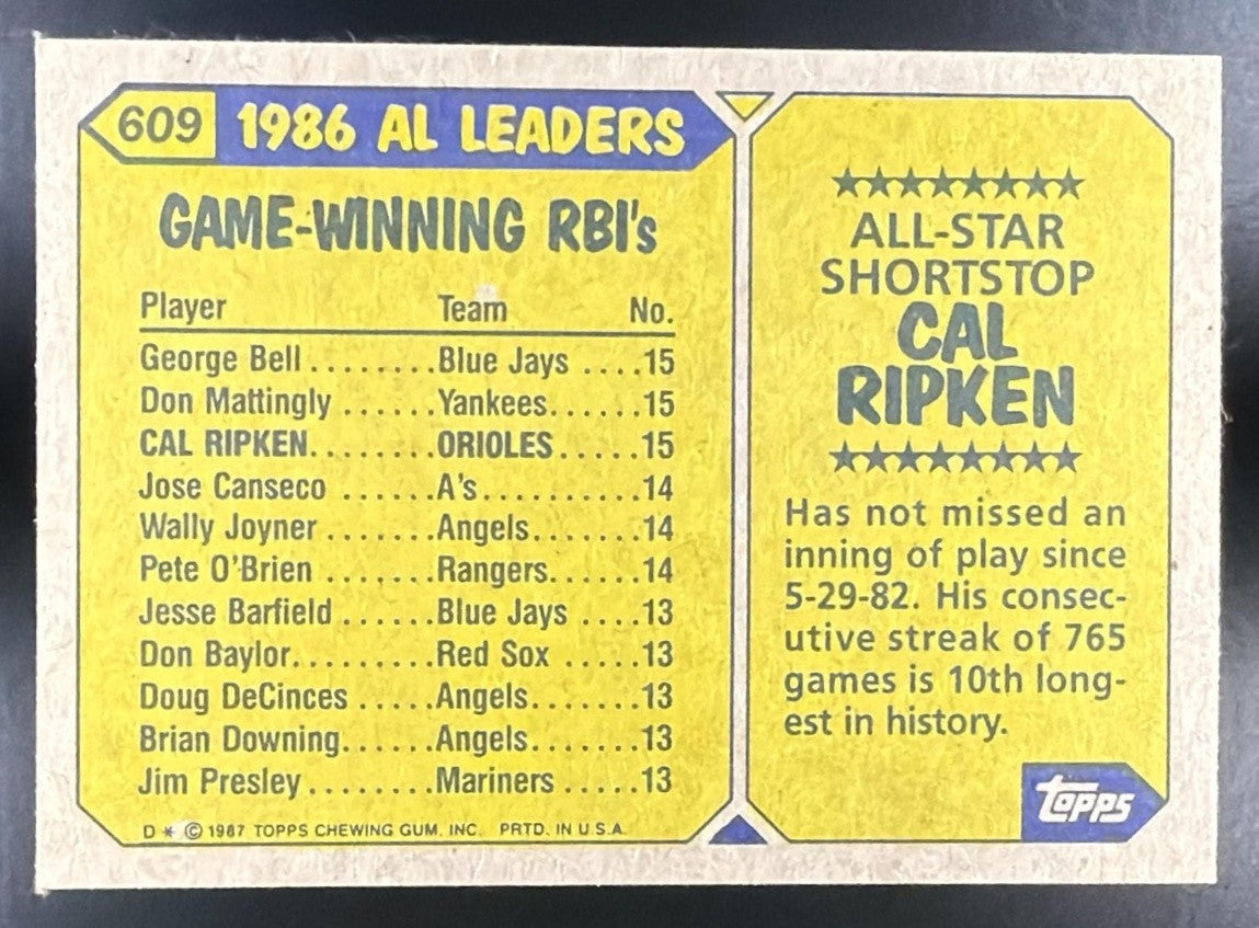 CAL RIPKEN 1987 TOPPS #609 ALL-STAR LEAGUE LEADERS ORIOLES