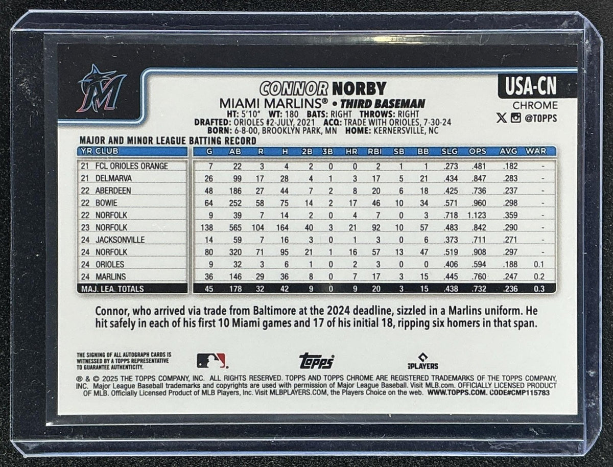 CONNOR NORBY 2025 TOPPS CHROME UPDATE SAPPHIRE #USA-CN AUTO 128/199 RC MARLINS