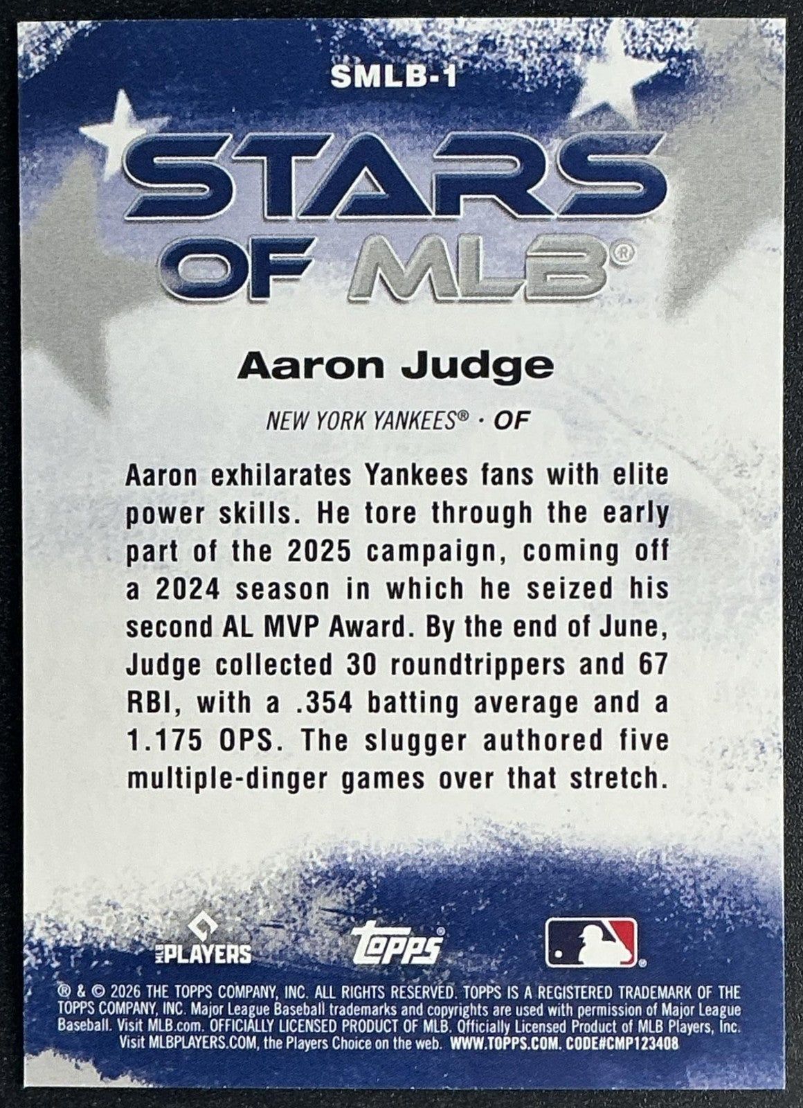 AARON JUDGE 2026 TOPPS SERIES 1 #SMLB-1 STARS OF MLB YANKEES