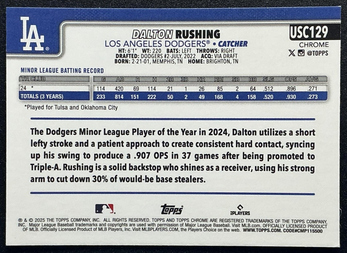DALTON RUSHING 2025 TOPPS CHROME UPDATE #USC129 GEOMETRIC REFRACTOR RC DODGERS