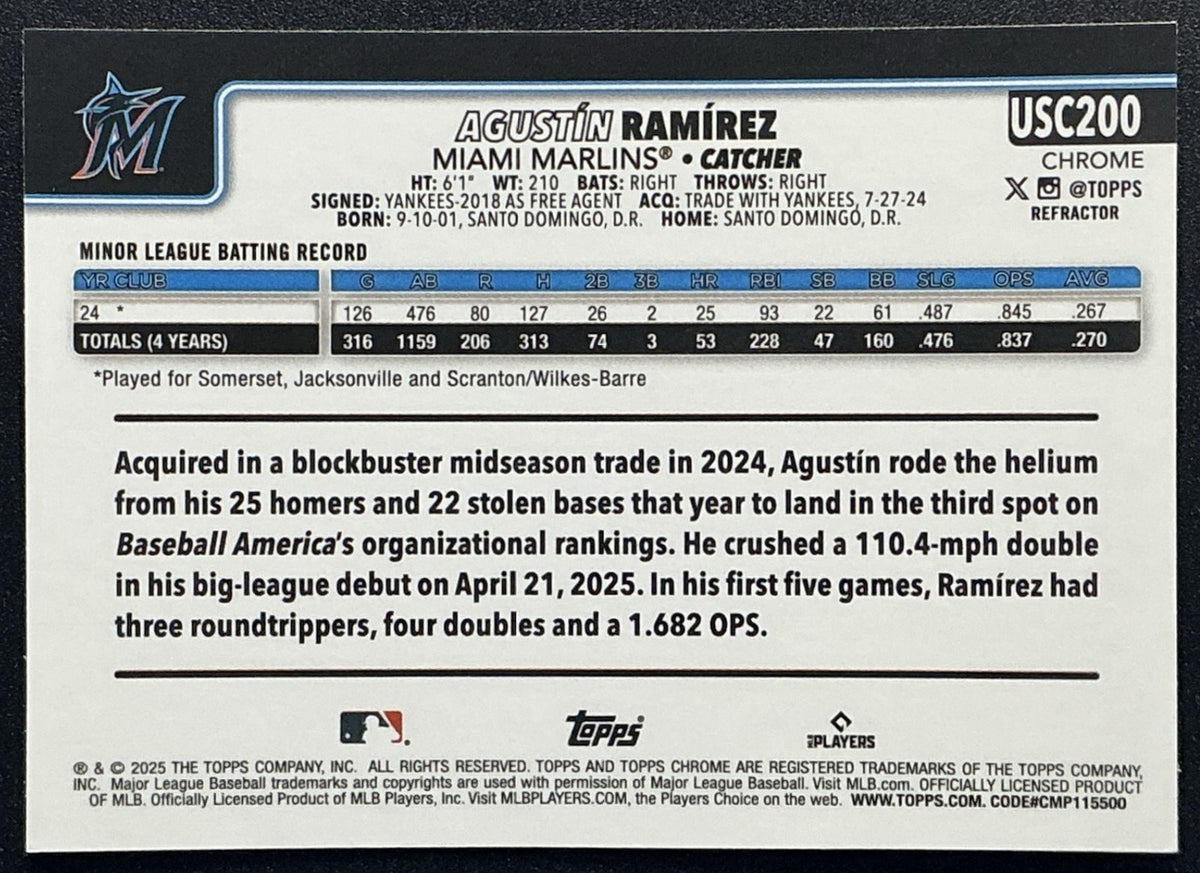 AGUSTIN RAMIREZ 2025 TOPPS CHROME UPDATE #USC200 REFRACTOR RC MARLINS
