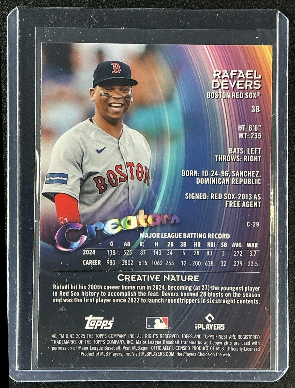 RAFAEL DEVERS 2025 TOPPS FINEST #C-29 CREATORS SKY BLUE REFRACTOR 97/150 RED SOX