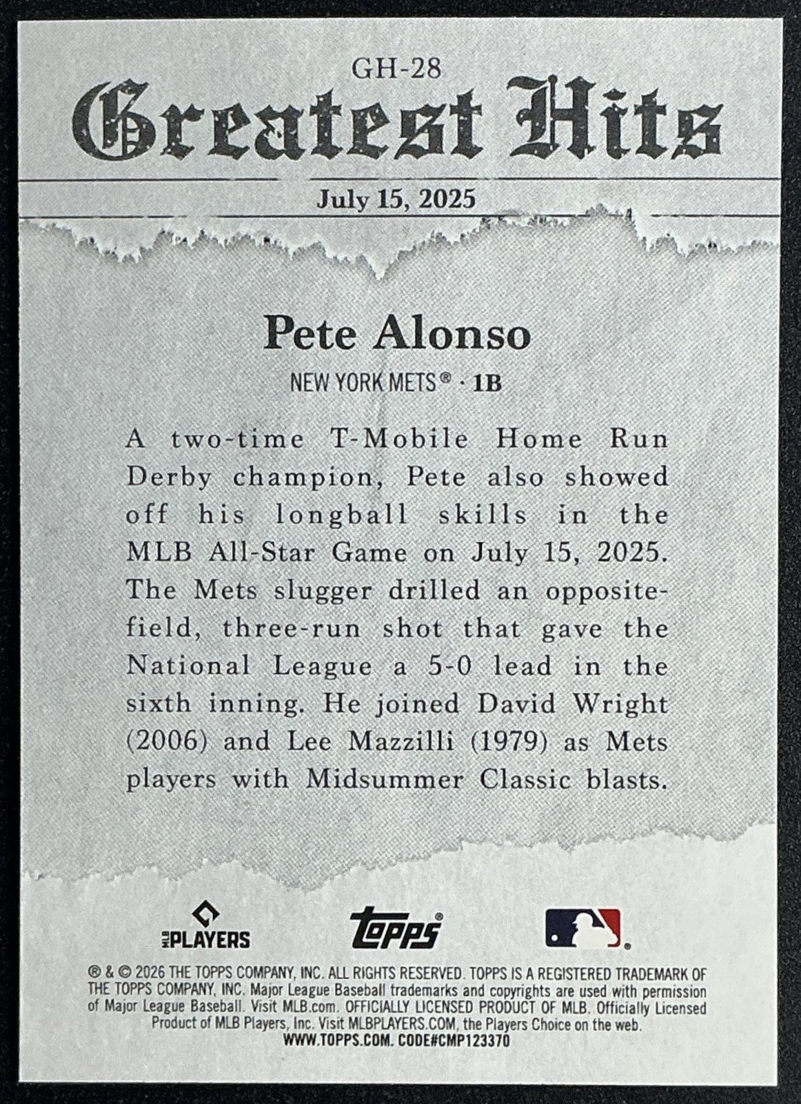 PETE ALONSO 2026 TOPPS SERIES 1 #GH-28 2025 GREATEST HITS METS