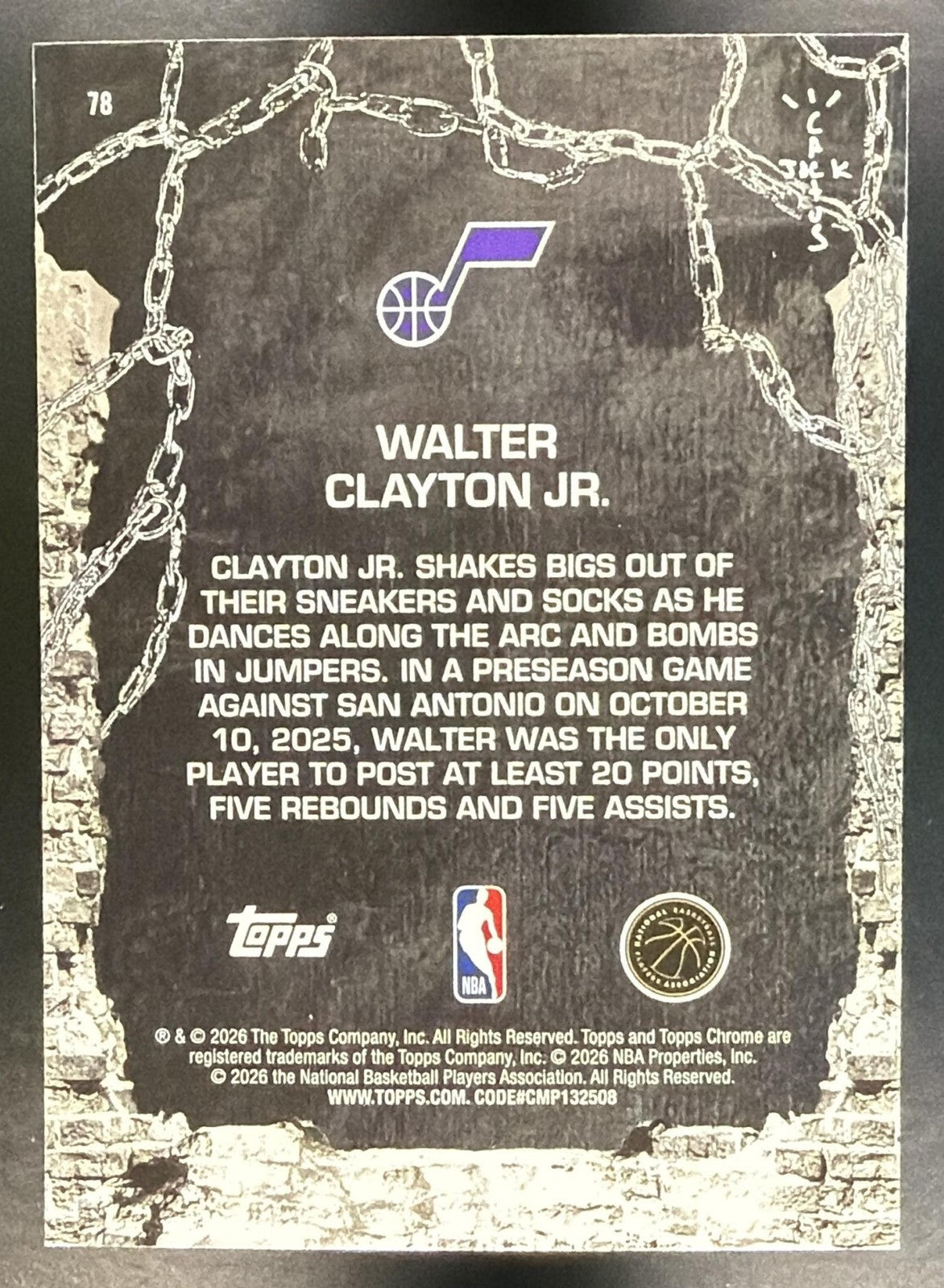 WALTER CLAYTON JR. 2025-26 TOPPS CHROME X CACTUS JACK #78 RC JAZZ
