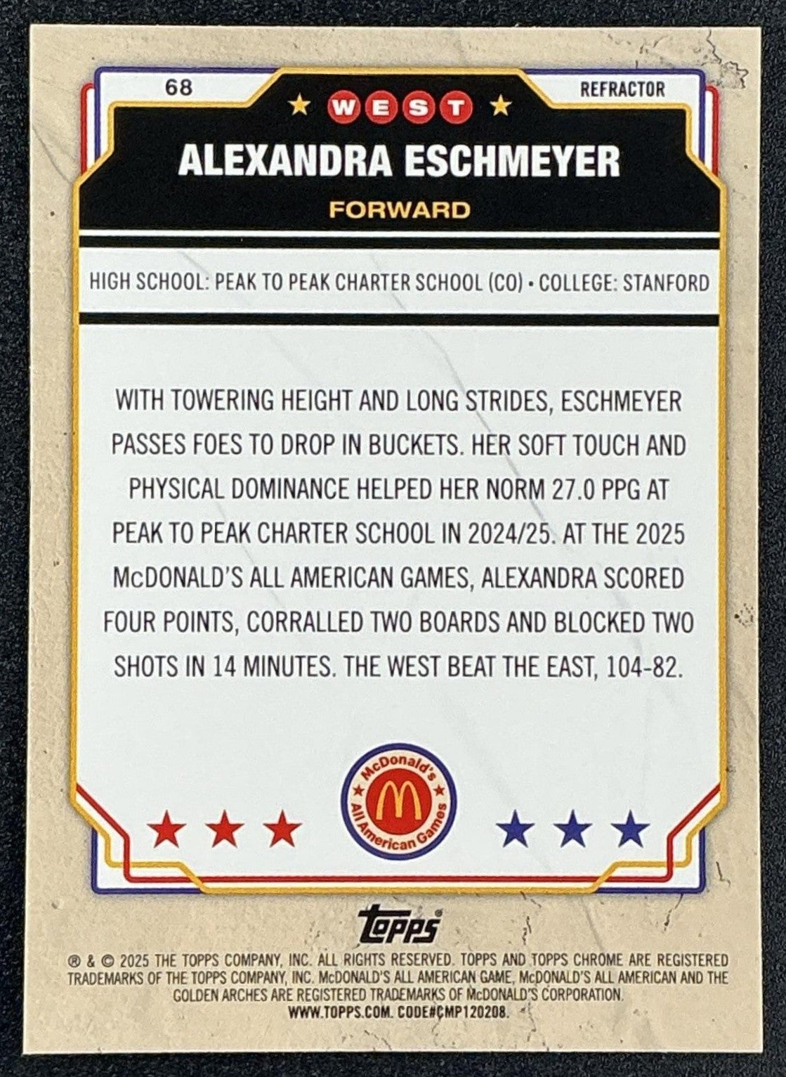 ALEXANDRA ESCHMEYER 2025 TOPPS CHROME MCDONALD'S ALL-AMERICAN #68 REFRACTOR