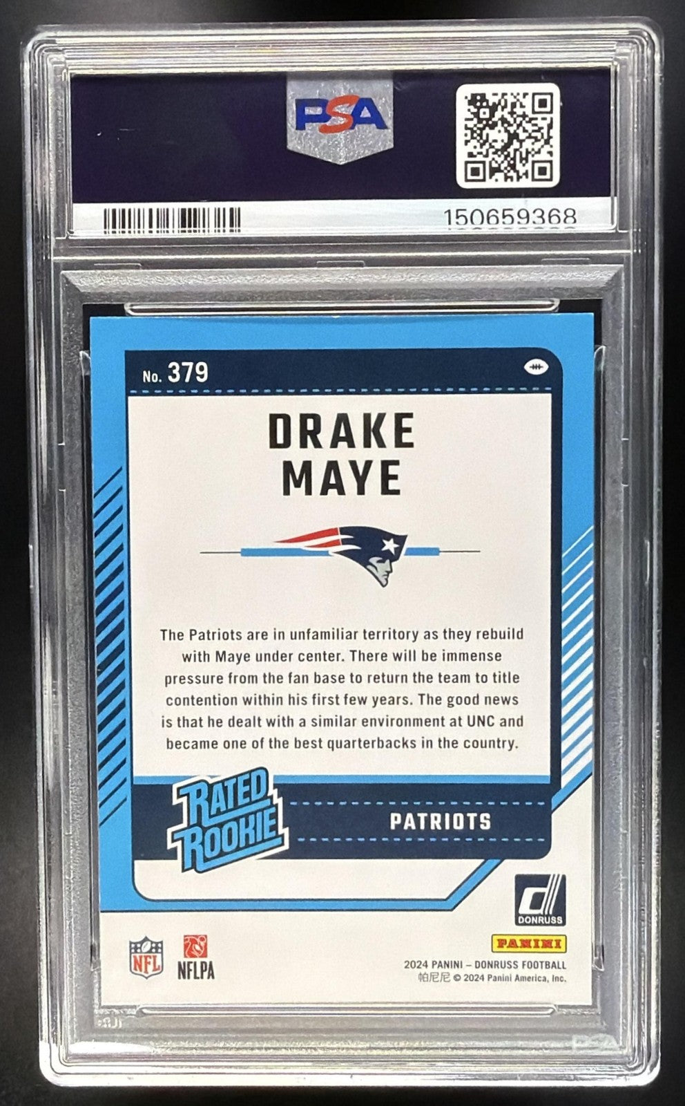 DRAKE MAYE 2024 PANINI DONRUSS #379 RC RATED ROOKIE PATRIOTS PSA 8