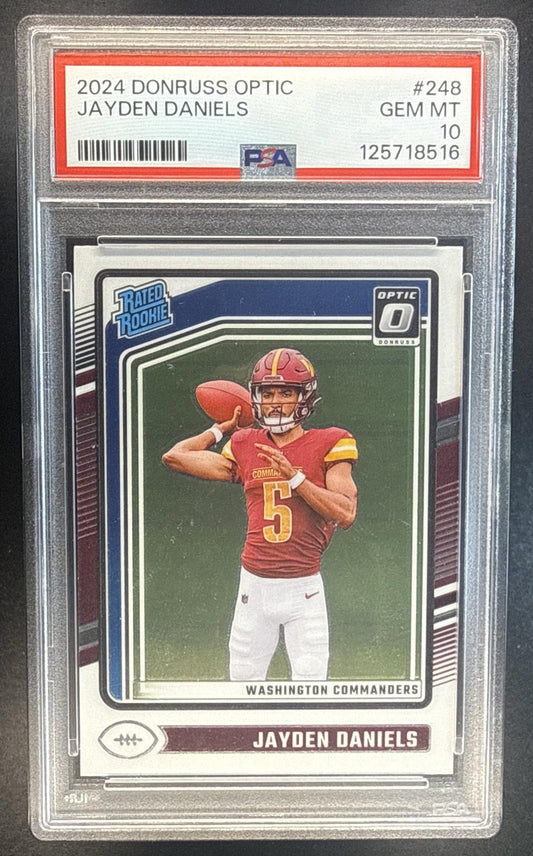 JAYDEN DANIELS 2024 PANINI DONRUSS OPTIC #248 RATED ROOKIE COMMANDERS PSA 10