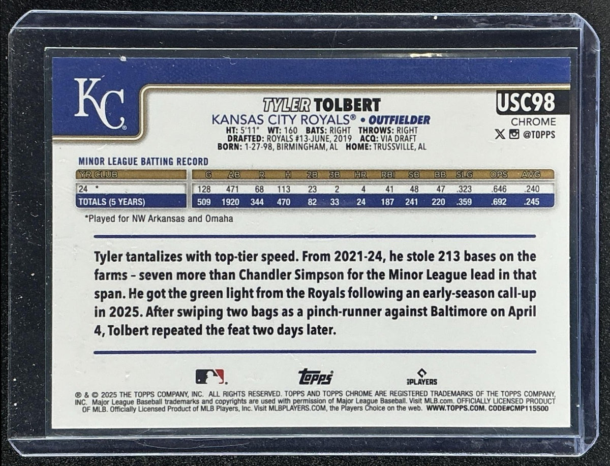 TYLER TOLBERT 2025 TOPPS CHROME UPDATE #USC98 BLUE WAVE REFRACTOR /150 RC ROYALS