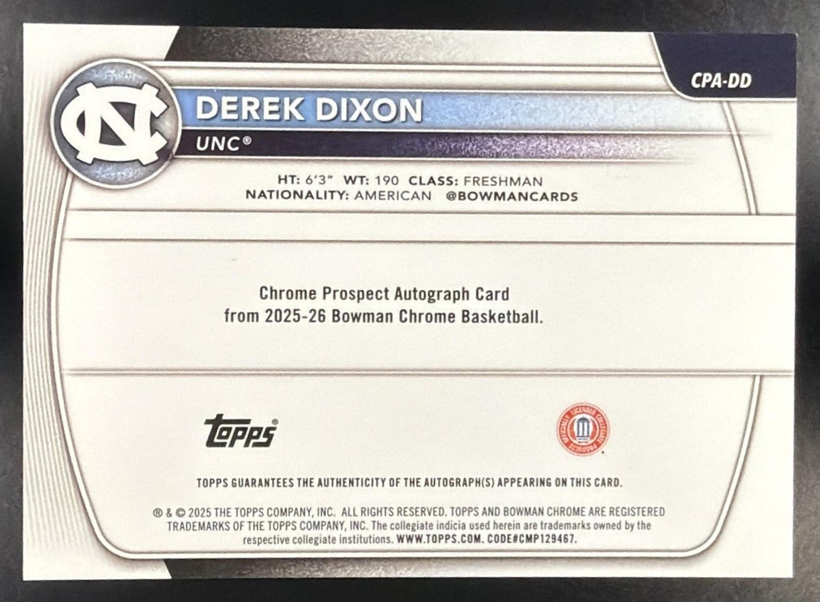 2025 Bowman Derek Dixon #CPA-DD Chrome Auto Yellow Refractor /75 1st Prospect