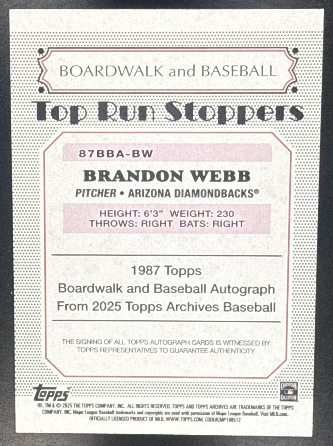 2025 Topps Archives Brandon Webb #87BBA-BW 1987 Boardwalk and Baseball Auto
