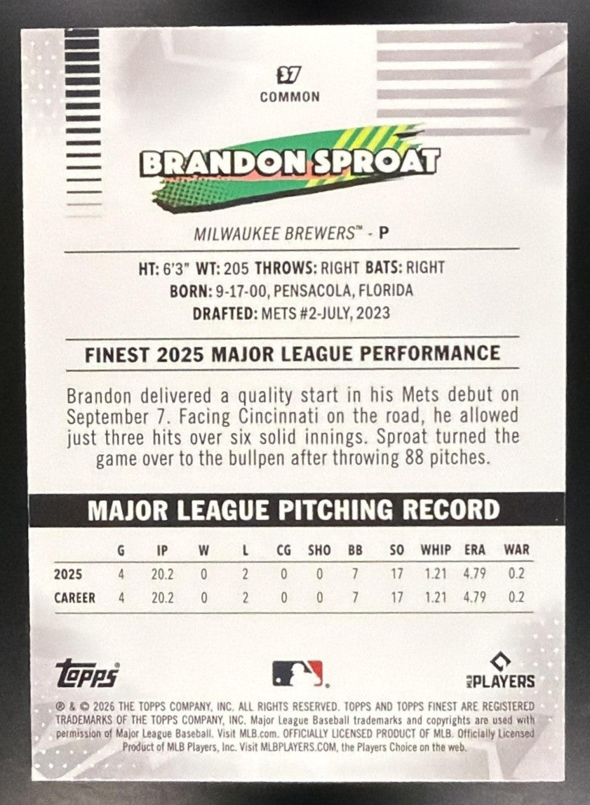 BRANDON SPROAT 2026 TOPPS FINEST #37 RC BREWERS