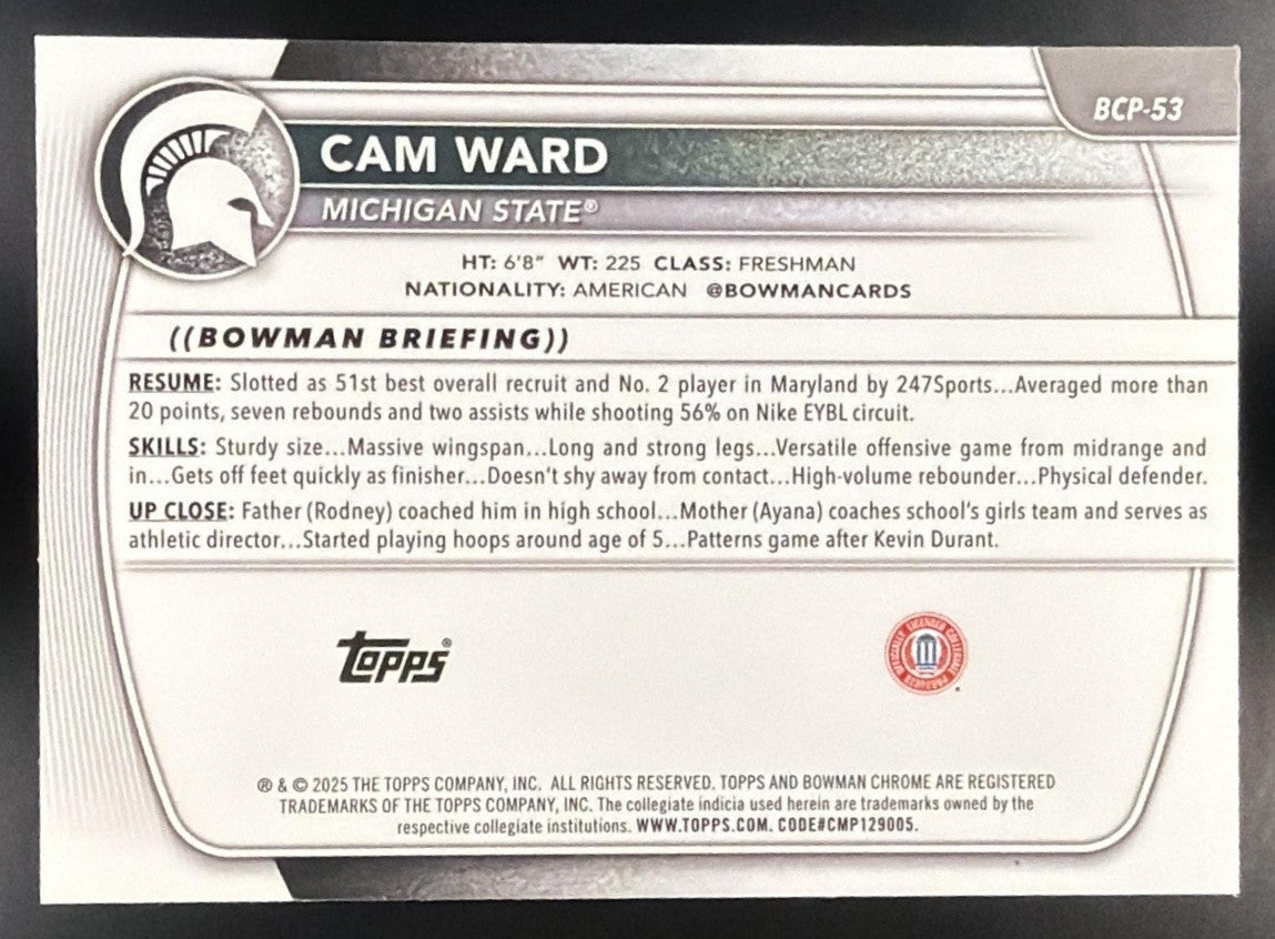 2025 Bowman Cam Ward #BCP-53 Chrome Mini Diamond Refractor 1st Prospect