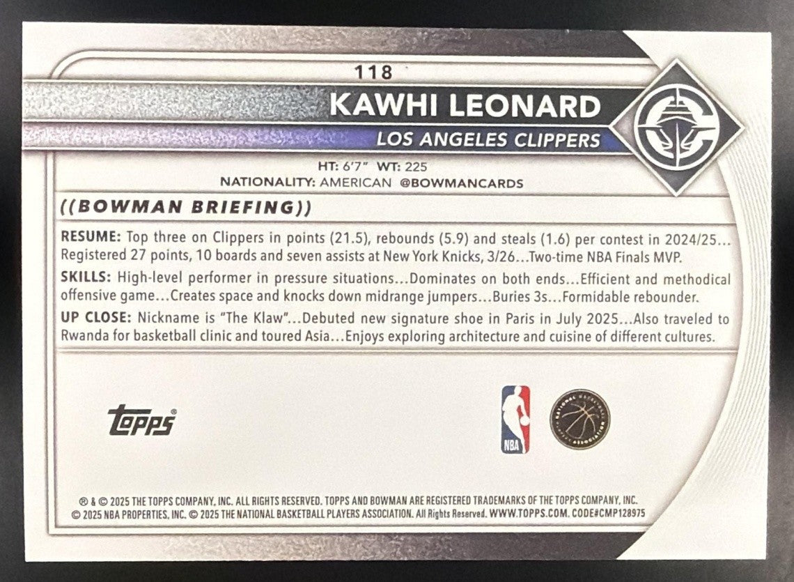 KAWHI LEONARD 2025-26 BOWMAN #118 PINK BORDER 48/175 CLIPPERS