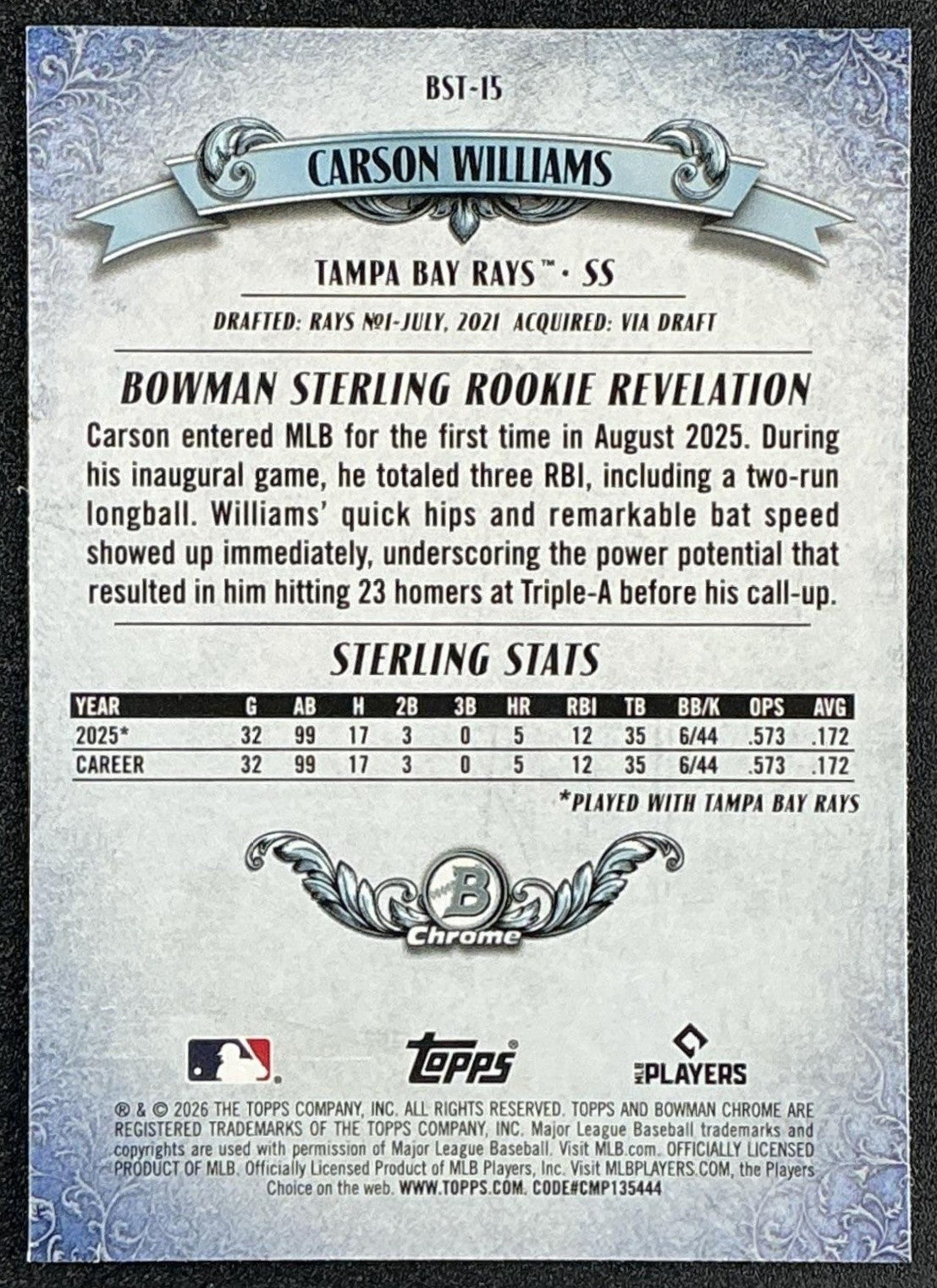 CARSON WILLIAMS 2026 BOWMAN #BST-15 STERLING CHROME RC RAYS