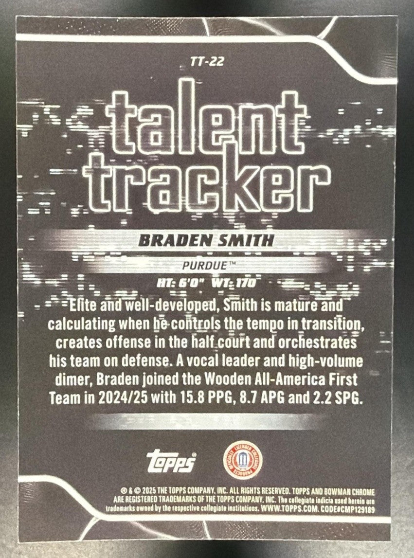 BRADEN SMITH 2025-26 BOWMAN #TT-22 TALENT TRACKER CHROME BOILERMAKERS