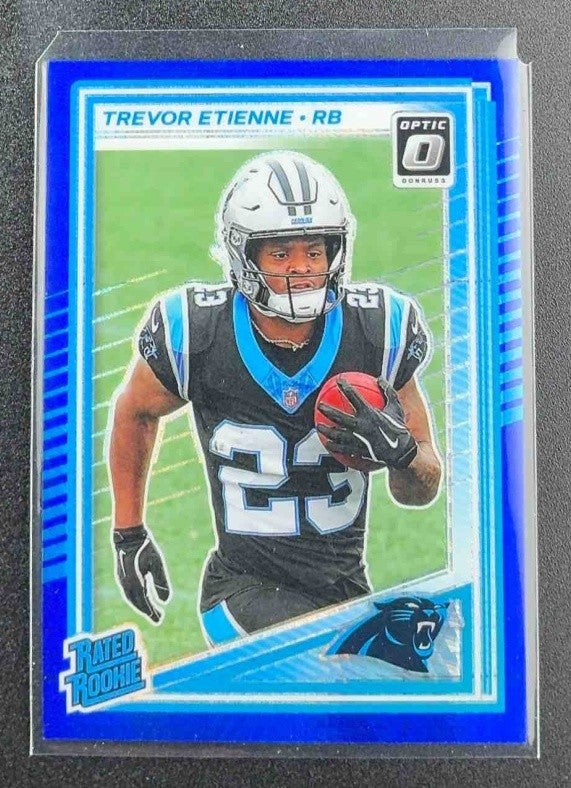 2025 Panini Donruss Optic Trevor Etienne #222 Rated Rookie Blue Hyper Prizm
