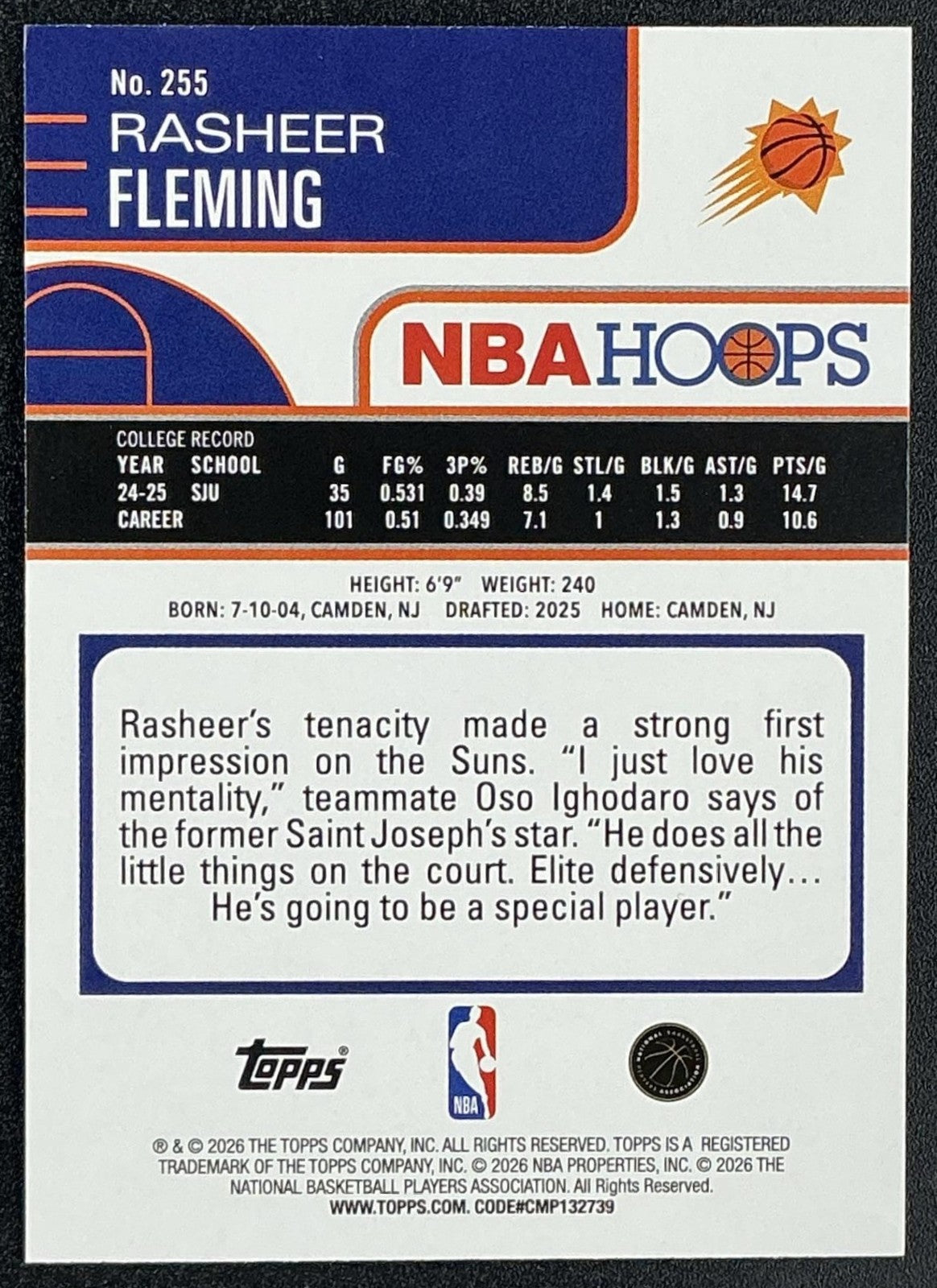 RASHEER FLEMING 2025-26 TOPPS HOOPS #255 RC SUNS