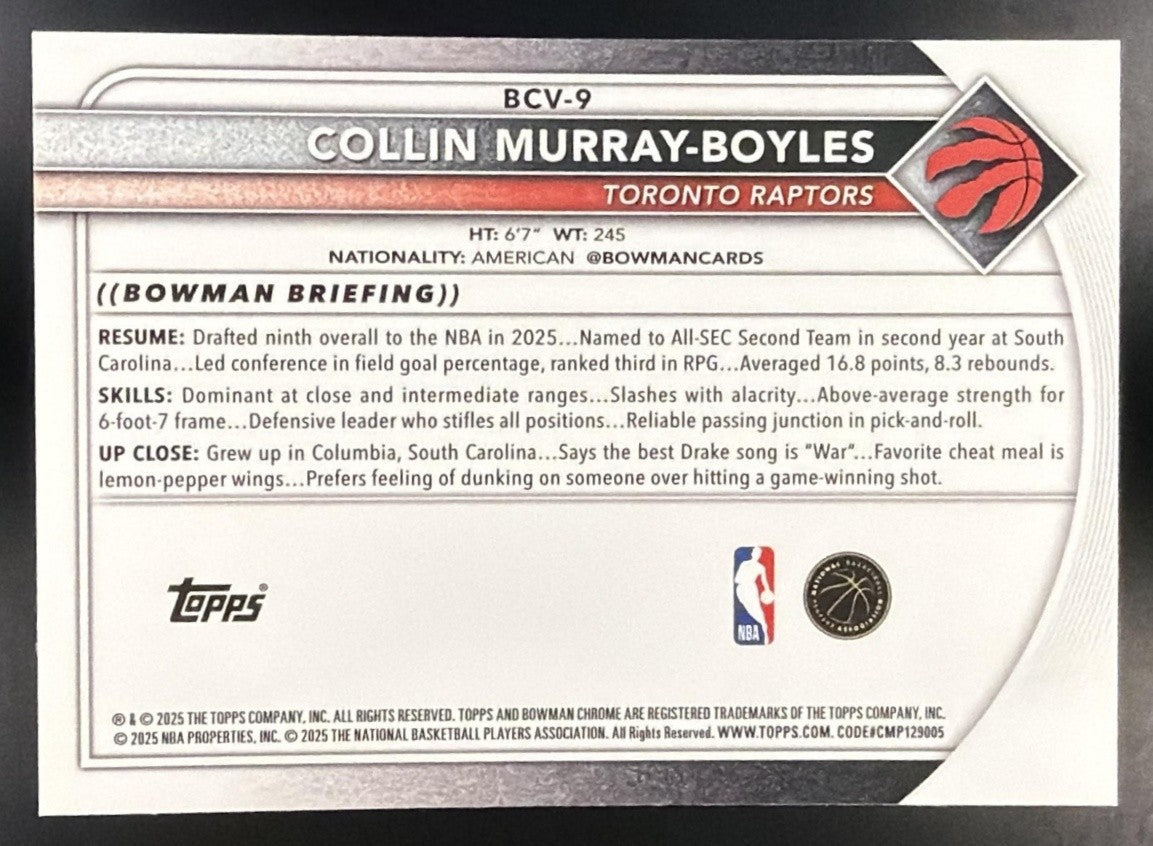 COLLIN MURRAY-BOYLES 2025-26 BOWMAN #BCV-9 CHROME RC RAPTORS