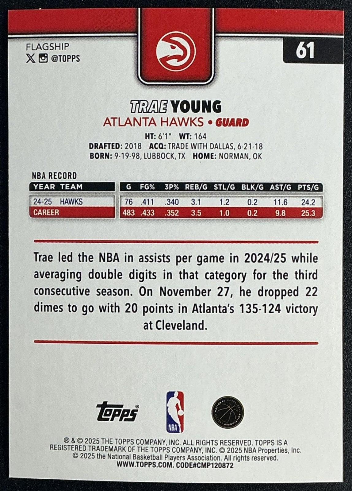 TRAE YOUNG 2025-26 TOPPS #61 BLUE SANDGLITTER HAWKS