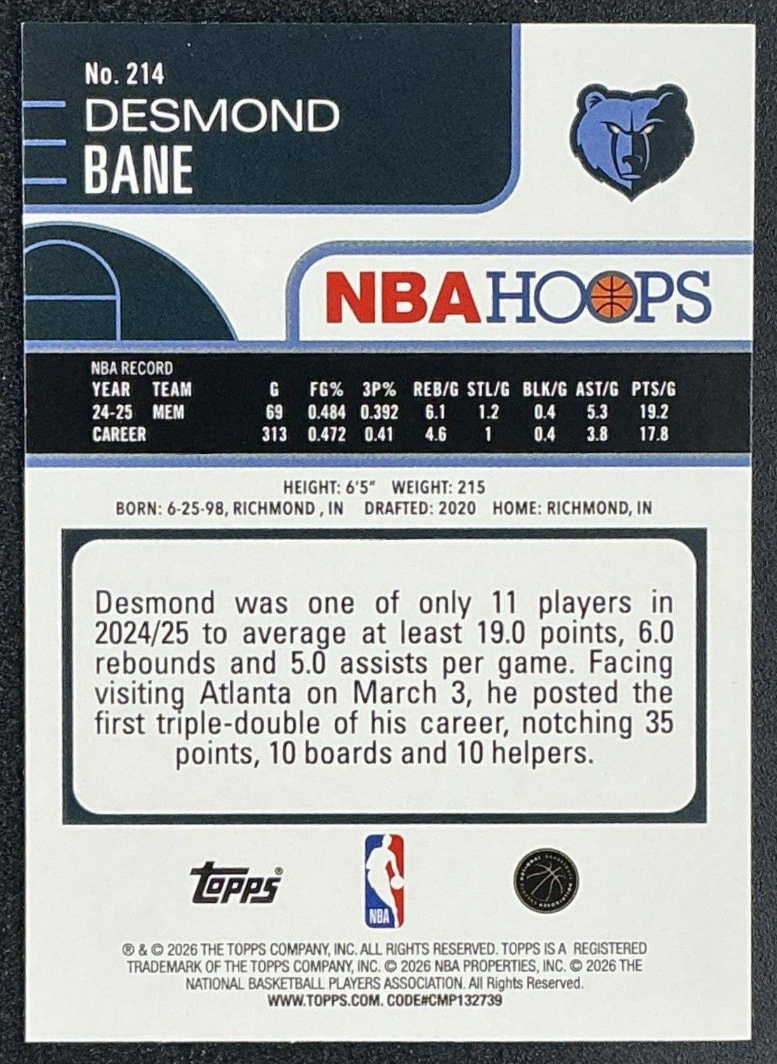 DESMOND BANE 2025-26 TOPPS HOOPS #214 LIGHT BURST GRIZZLIES