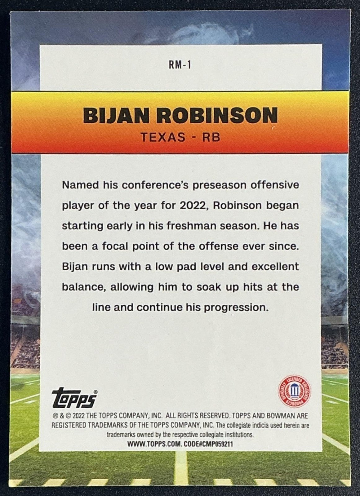 BIJAN ROBINSON 2022 BOWMAN UNIVERSITY CHROME #RM-1 RAMBLIN' MAN RC LONGHORNS