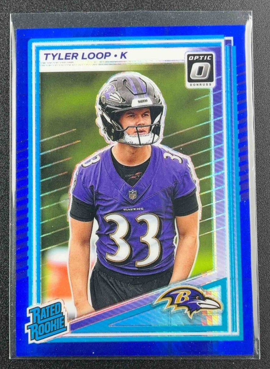 TYLER LOOP 2025 PANINI DONRUSS OPTIC #227 RATED ROOKIE BLUE HYPER PRIZM RAVENS