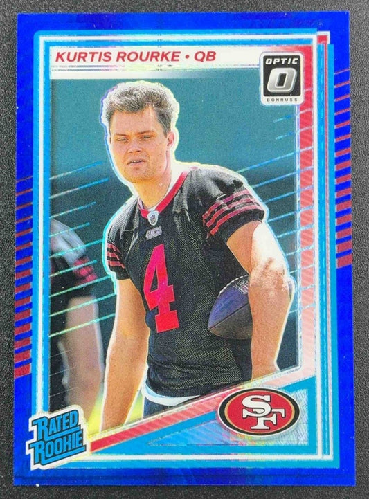 KURTIS ROURKE 2025 PANINI DONRUSS OPTIC #243 RATED ROOKIE BLUE HYPER PRIZM 49ERS