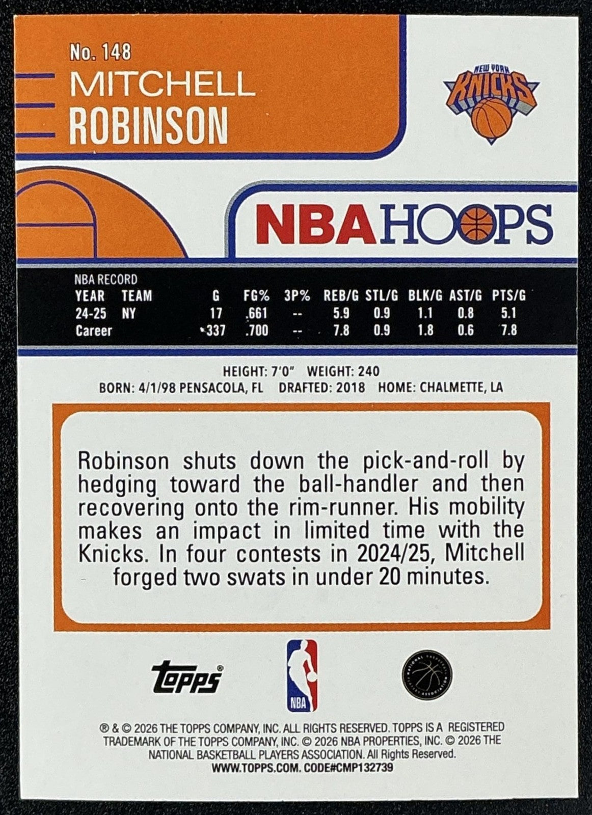 MITCHELL ROBINSON 2025-26 TOPPS HOOPS #148 KNICKS