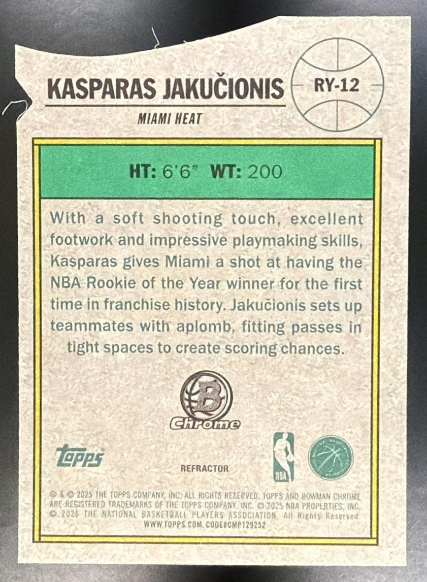 KASPARAS JAKUCIONIS 2025-26 BOWMAN #RY-12 ROY FAVORITES CHROME REFRACTOR RC HEAT