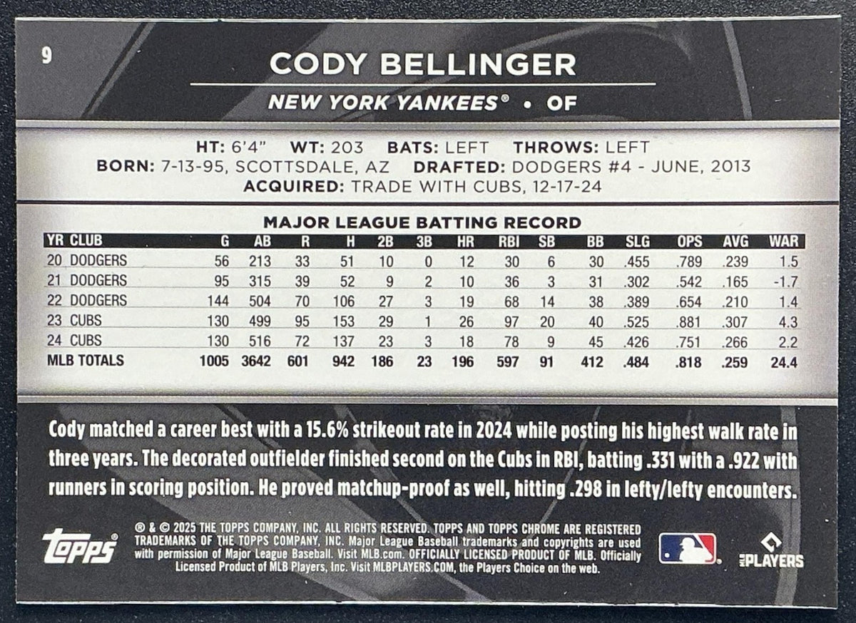 CODY BELLINGER 2025 TOPPS CHROME BLACK #9 YANKEES