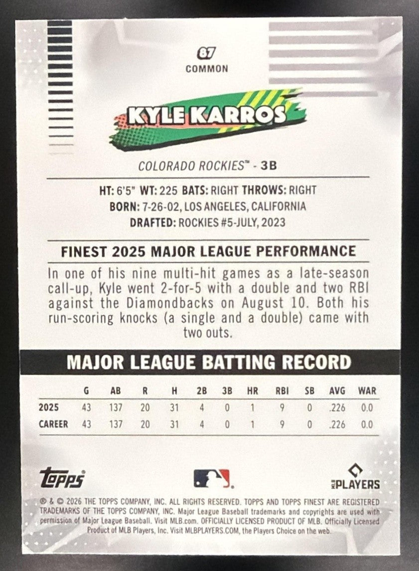 KYLE KARROS 2026 TOPPS FINEST #87 RC ROCKIES