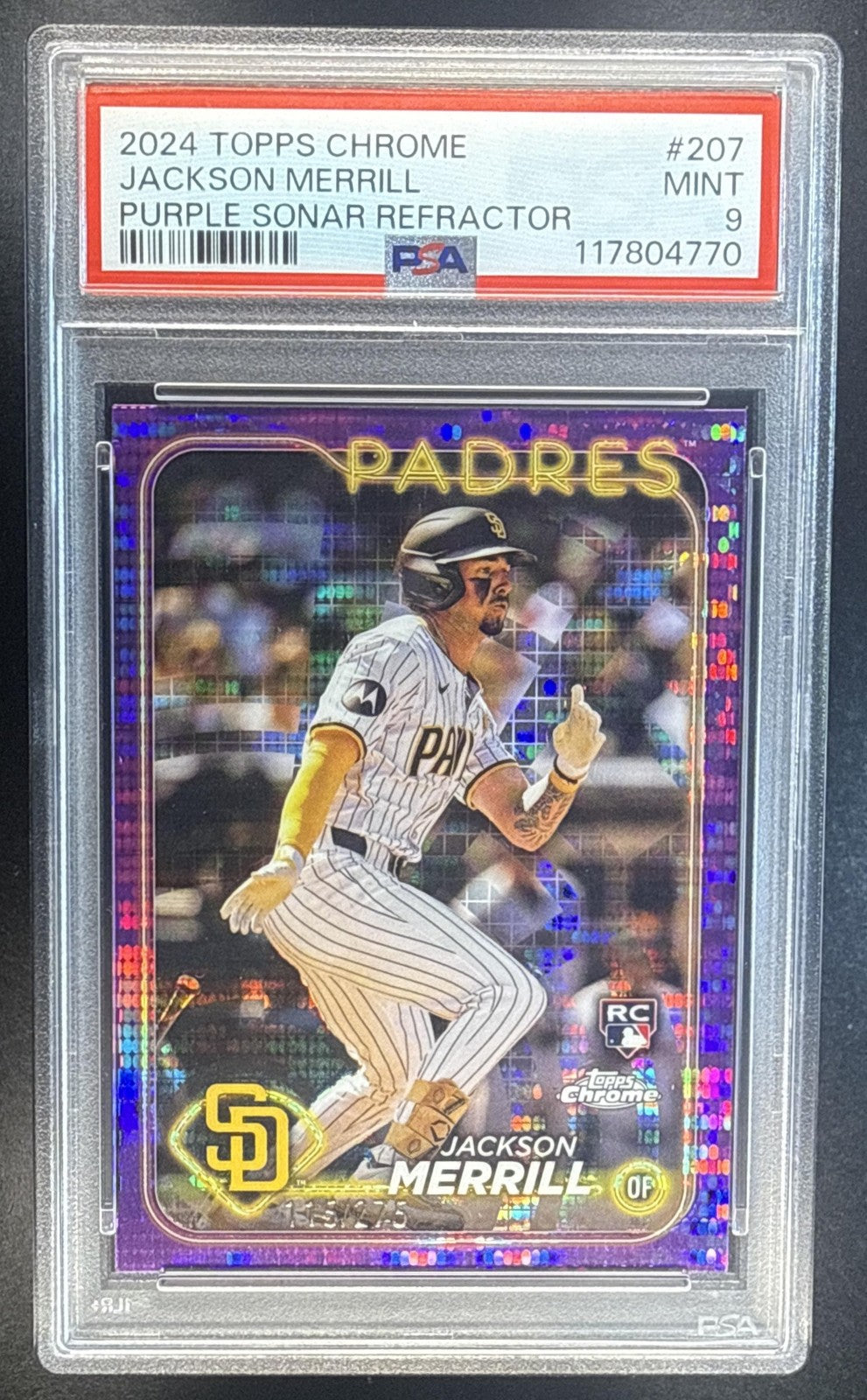 2024 Topps Chrome Jackson Merrill #207 Purple Sonar Refractor /275 RC PSA 9