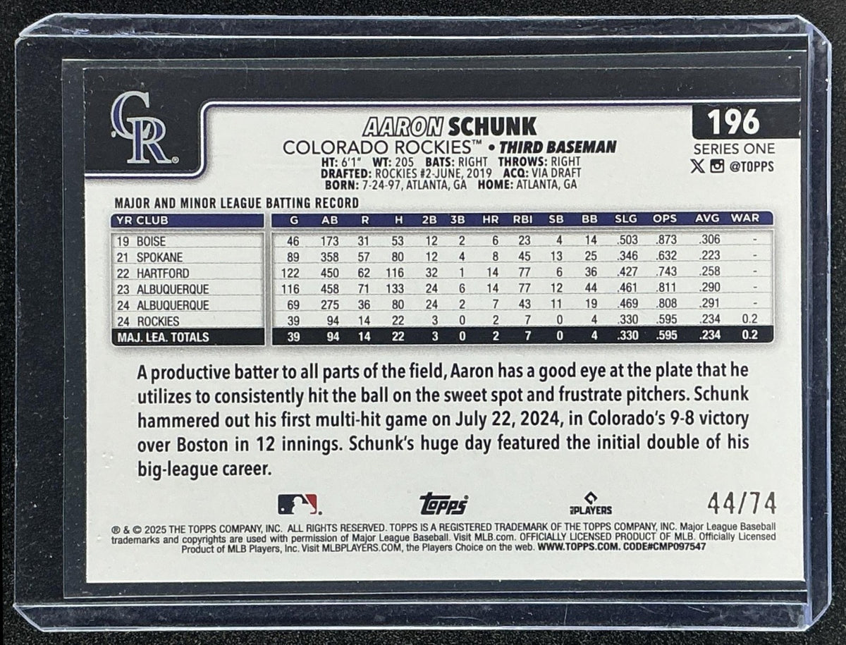 AARON SCHUNK 2025 TOPPS #196 BLACK 44/74 RC ROCKIES